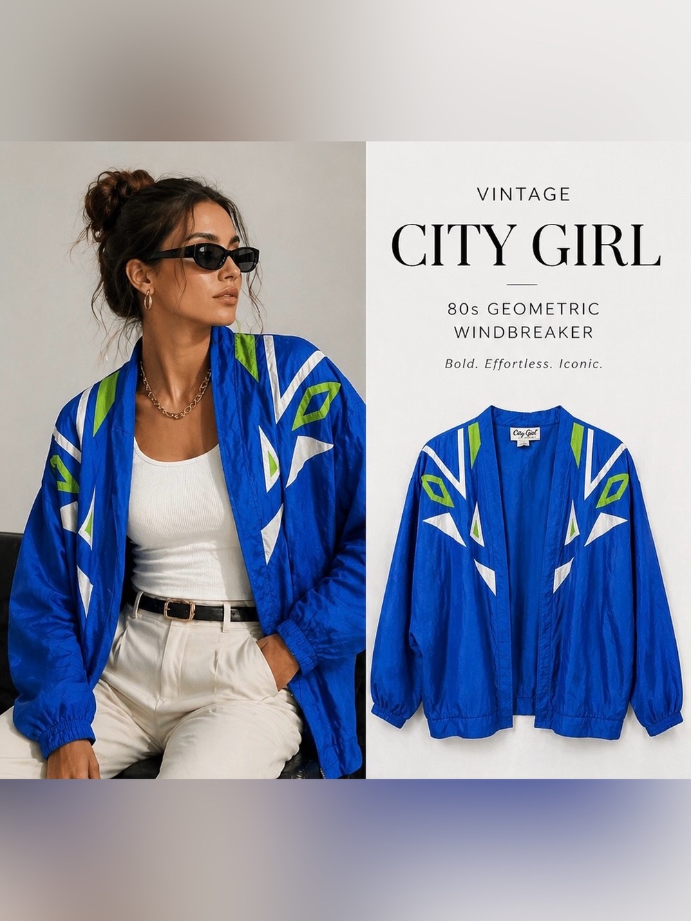 Vintage 80s City Girl Blue Geometric Windbreaker Jacket Oversized M/L Streetwear